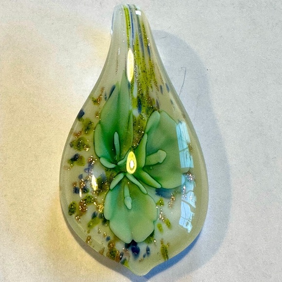 Handblown Glass Pendant w/ Teardrop Floral Design in Green, Blue, White & Gold - Picture 1 of 2